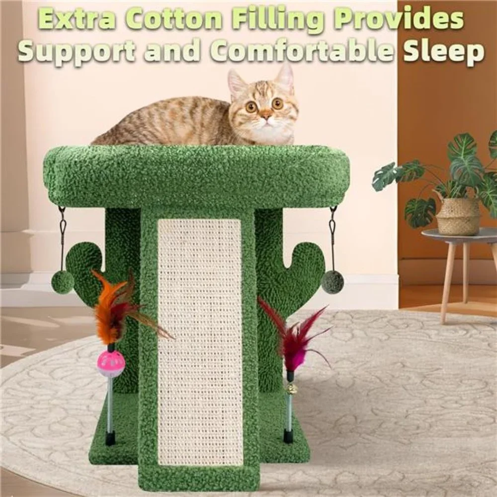 Cactus Cat Tree Tower with Cat Scratching Post with Playful Toy Balls, Green